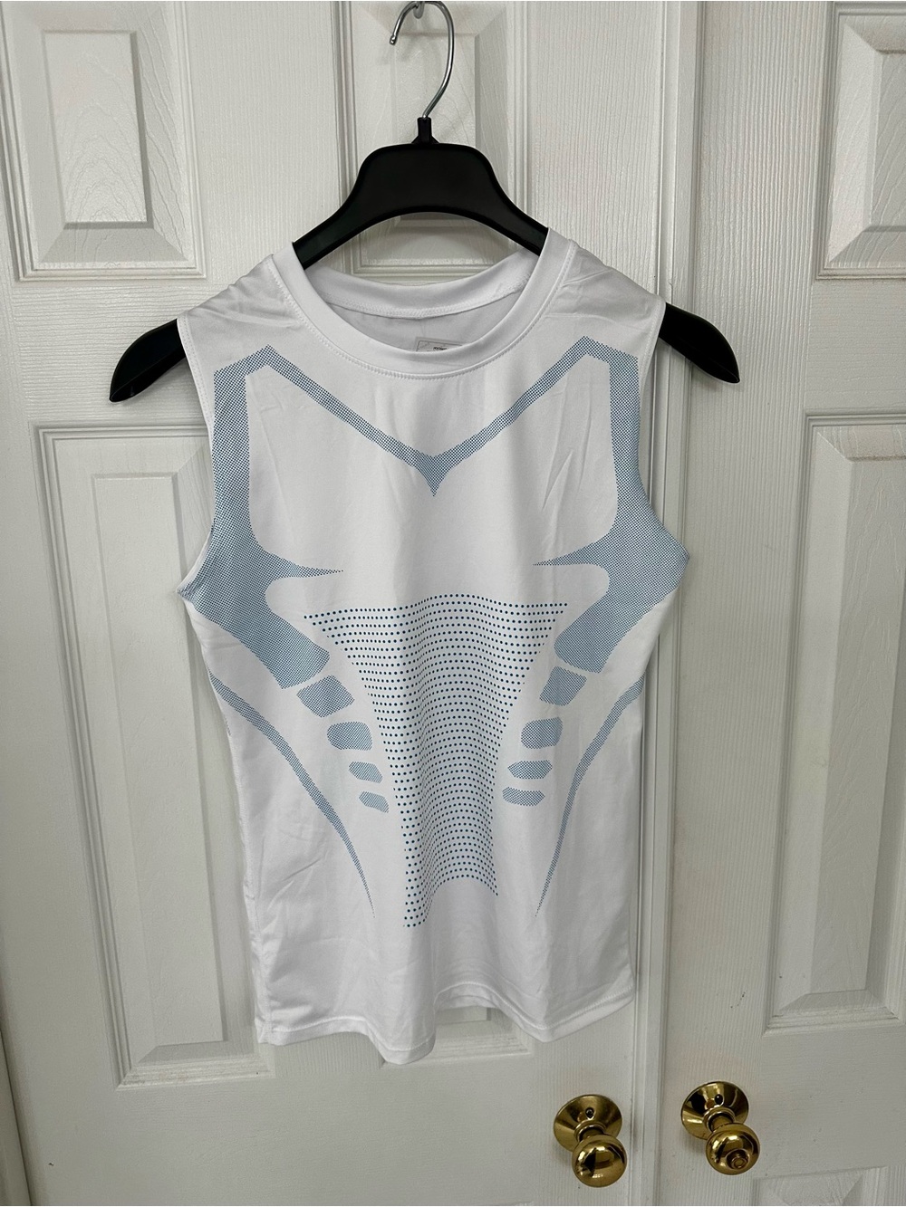 Men's White Sleeveless Athletic Tank with Light Blue Graphic